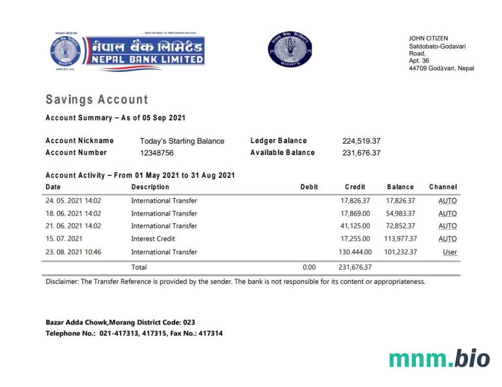 Nepal Bank Nepal szablon w formacie excel pdf